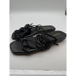 Tilocow Black Lace Up Sandals Square Toe Strappy Gladiator Flats Womens 7